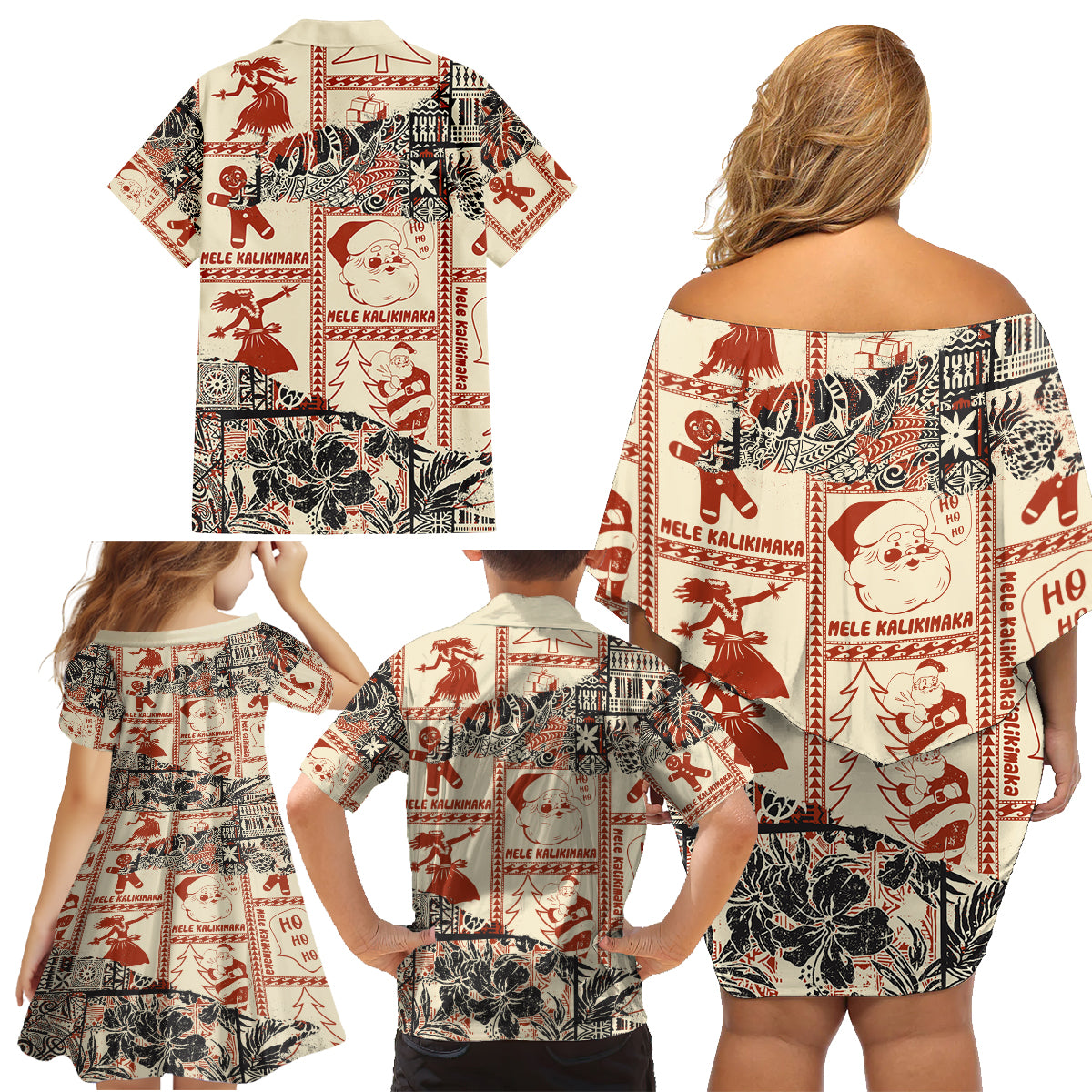 Aloha Hawaii Christmas Family Matching Off Shoulder Short Dress and Hawaiian Shirt Mele Kalikimaka Tapa Tribal Retro Style LT9 - Wonder Print Shop