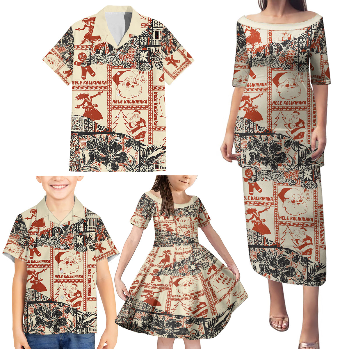 Aloha Hawaii Christmas Family Matching Puletasi Dress and Hawaiian Shirt Mele Kalikimaka Tapa Tribal Retro Style - Wonder Print Shop