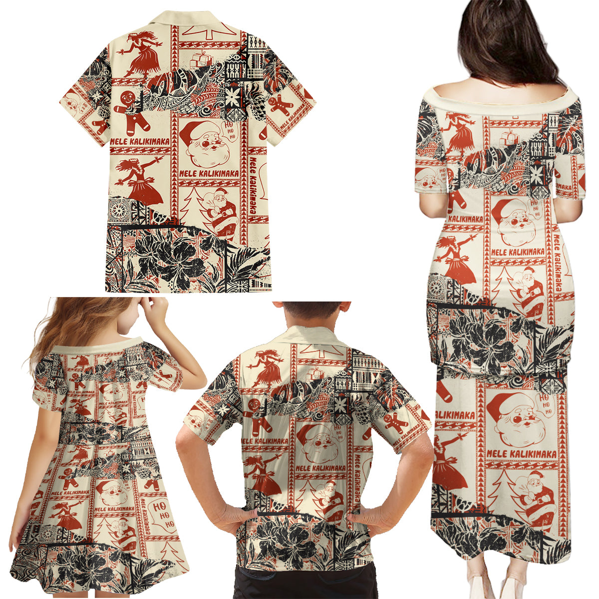 Aloha Hawaii Christmas Family Matching Puletasi Dress and Hawaiian Shirt Mele Kalikimaka Tapa Tribal Retro Style - Wonder Print Shop