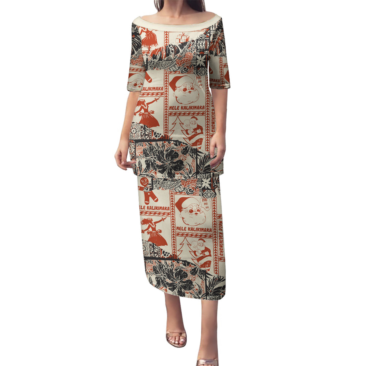 Aloha Hawaii Christmas Family Matching Puletasi Dress and Hawaiian Shirt Mele Kalikimaka Tapa Tribal Retro Style - Wonder Print Shop