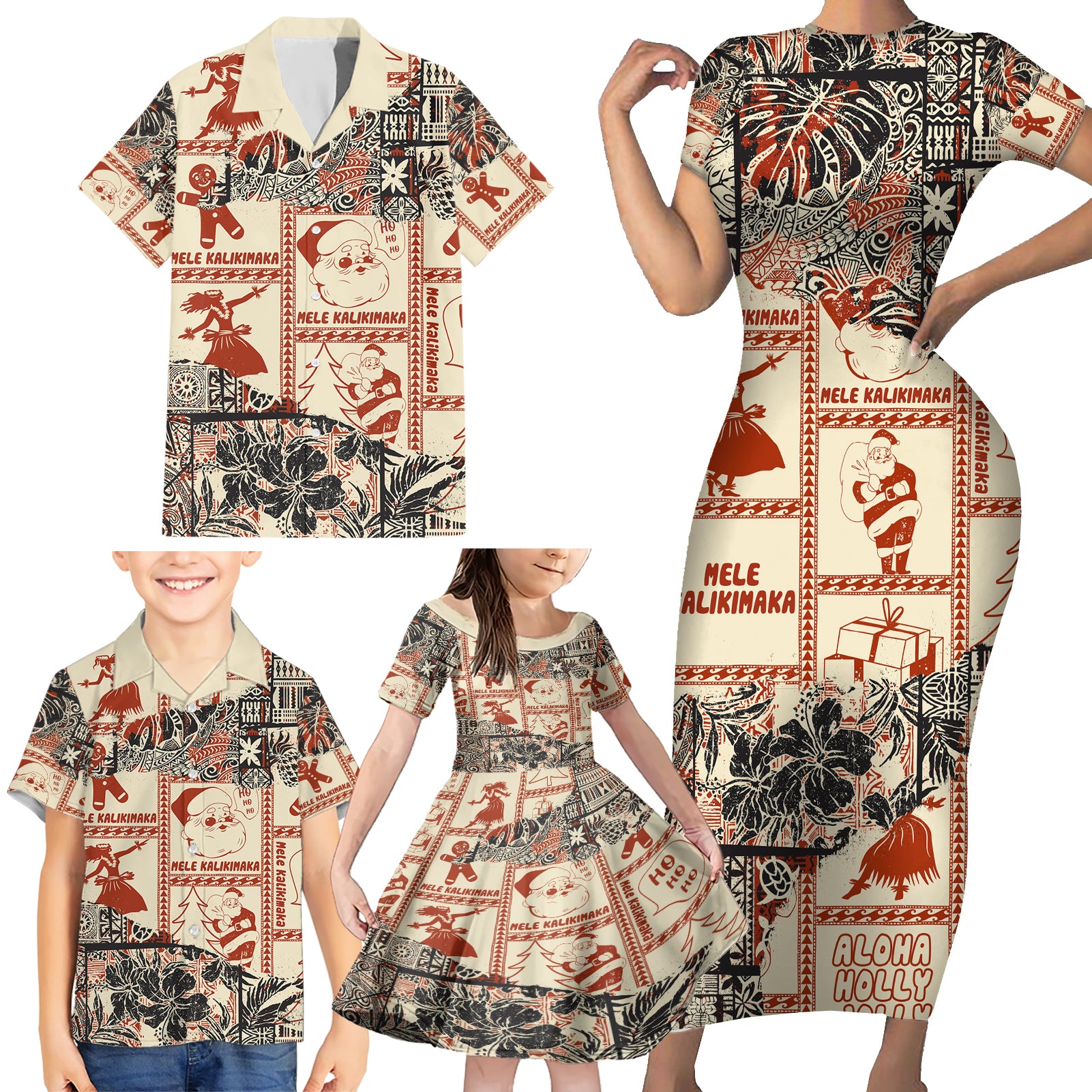 Aloha Hawaii Christmas Family Matching Short Sleeve Bodycon Dress and Hawaiian Shirt Mele Kalikimaka Tapa Tribal Retro Style - Wonder Print Shop