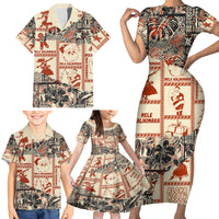 Aloha Hawaii Christmas Family Matching Short Sleeve Bodycon Dress and Hawaiian Shirt Mele Kalikimaka Tapa Tribal Retro Style - Wonder Print Shop