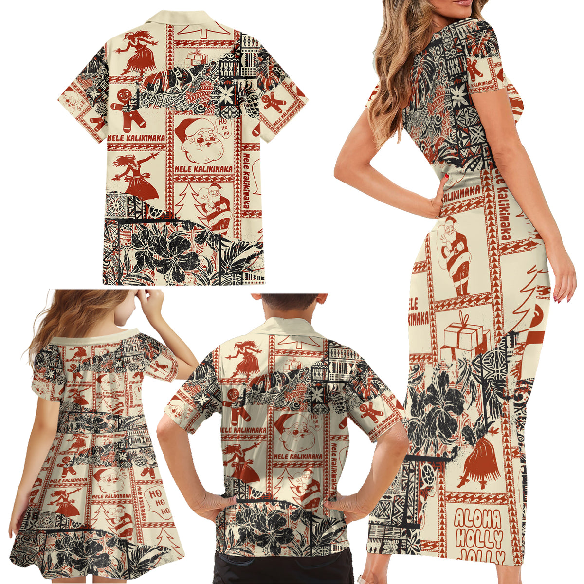 Aloha Hawaii Christmas Family Matching Short Sleeve Bodycon Dress and Hawaiian Shirt Mele Kalikimaka Tapa Tribal Retro Style - Wonder Print Shop