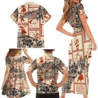 Aloha Hawaii Christmas Family Matching Short Sleeve Bodycon Dress and Hawaiian Shirt Mele Kalikimaka Tapa Tribal Retro Style - Wonder Print Shop