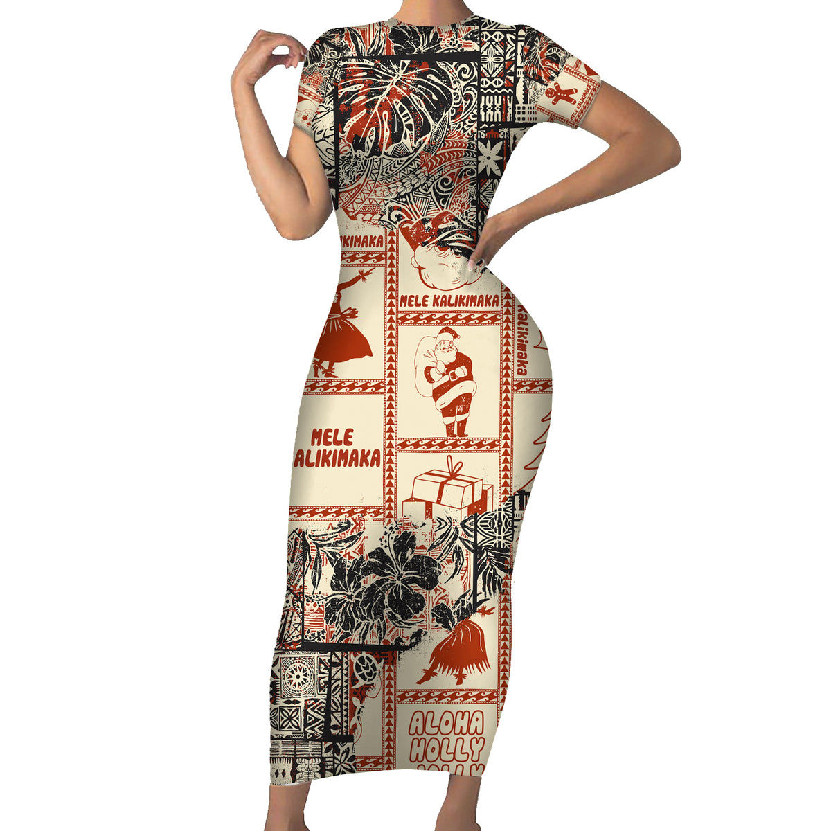 Aloha Hawaii Christmas Family Matching Short Sleeve Bodycon Dress and Hawaiian Shirt Mele Kalikimaka Tapa Tribal Retro Style - Wonder Print Shop