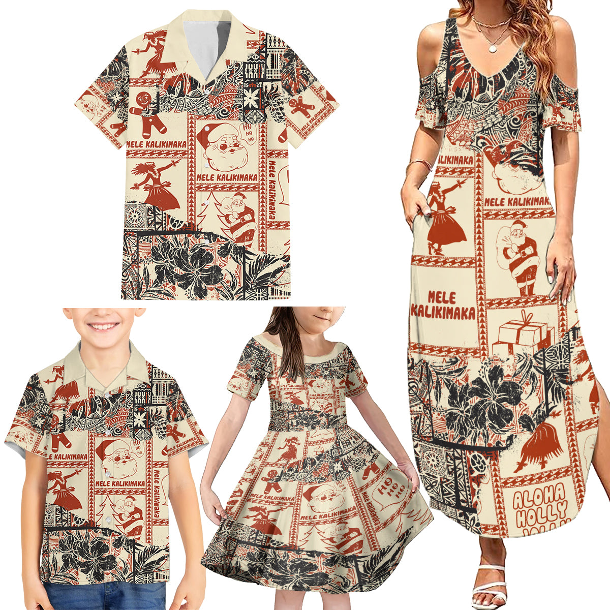 Aloha Hawaii Christmas Family Matching Summer Maxi Dress and Hawaiian Shirt Mele Kalikimaka Tapa Tribal Retro Style - Wonder Print Shop