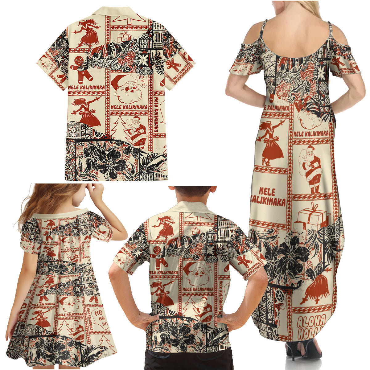 Aloha Hawaii Christmas Family Matching Summer Maxi Dress and Hawaiian Shirt Mele Kalikimaka Tapa Tribal Retro Style - Wonder Print Shop