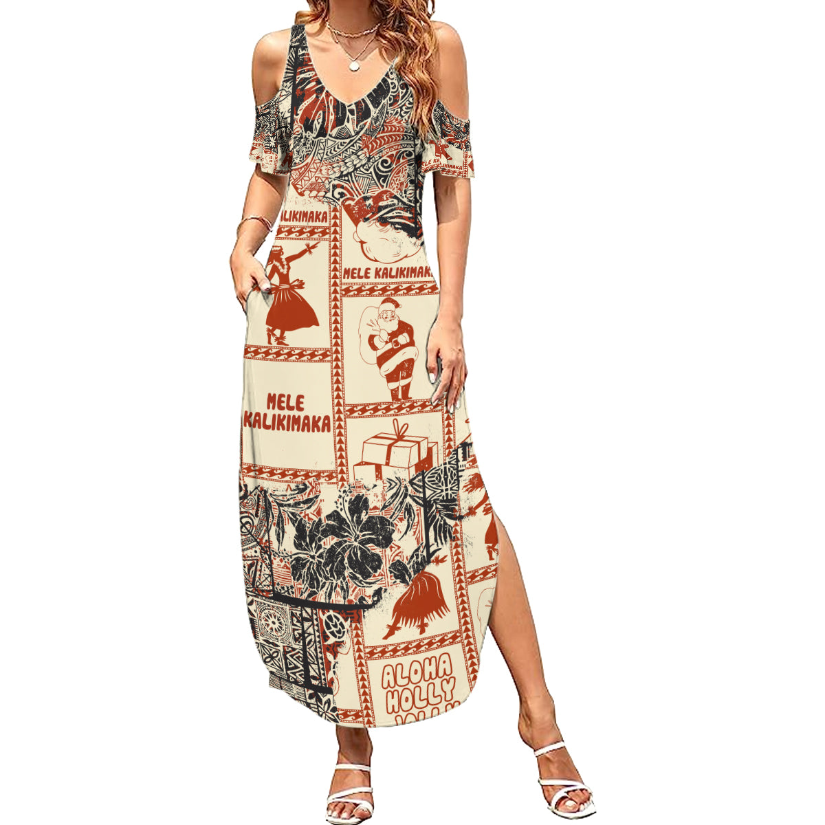 Aloha Hawaii Christmas Family Matching Summer Maxi Dress and Hawaiian Shirt Mele Kalikimaka Tapa Tribal Retro Style - Wonder Print Shop