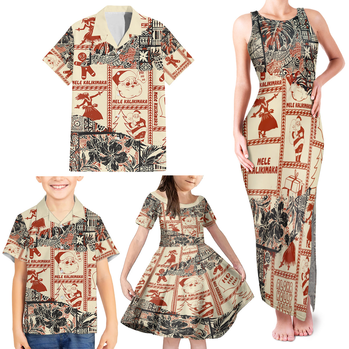 Aloha Hawaii Christmas Family Matching Tank Maxi Dress and Hawaiian Shirt Mele Kalikimaka Tapa Tribal Retro Style - Wonder Print Shop
