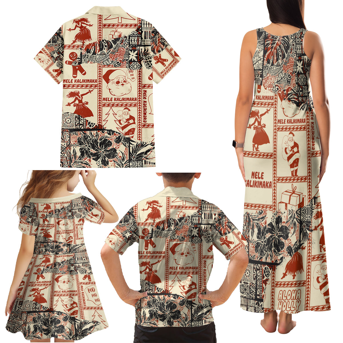 Aloha Hawaii Christmas Family Matching Tank Maxi Dress and Hawaiian Shirt Mele Kalikimaka Tapa Tribal Retro Style - Wonder Print Shop