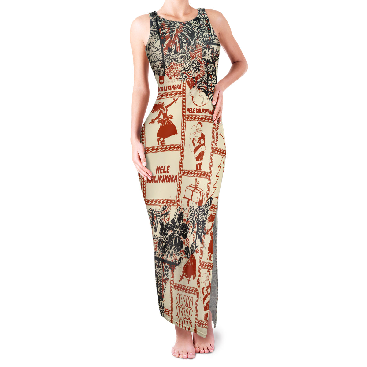 Aloha Hawaii Christmas Family Matching Tank Maxi Dress and Hawaiian Shirt Mele Kalikimaka Tapa Tribal Retro Style - Wonder Print Shop