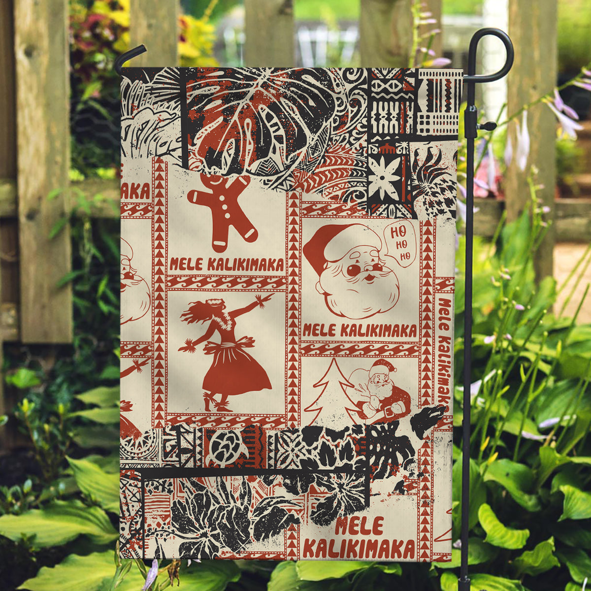 Aloha Hawaii Christmas Garden Flag Mele Kalikimaka Tapa Tribal Retro Style - Wonder Print Shop