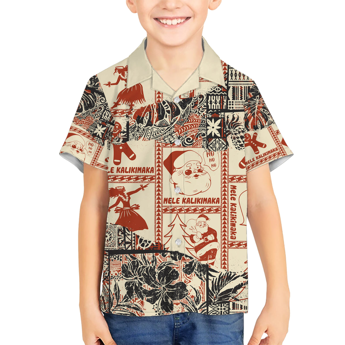 Aloha Hawaii Christmas Kid Hawaiian Shirt Mele Kalikimaka Tapa Tribal Retro Style - Wonder Print Shop