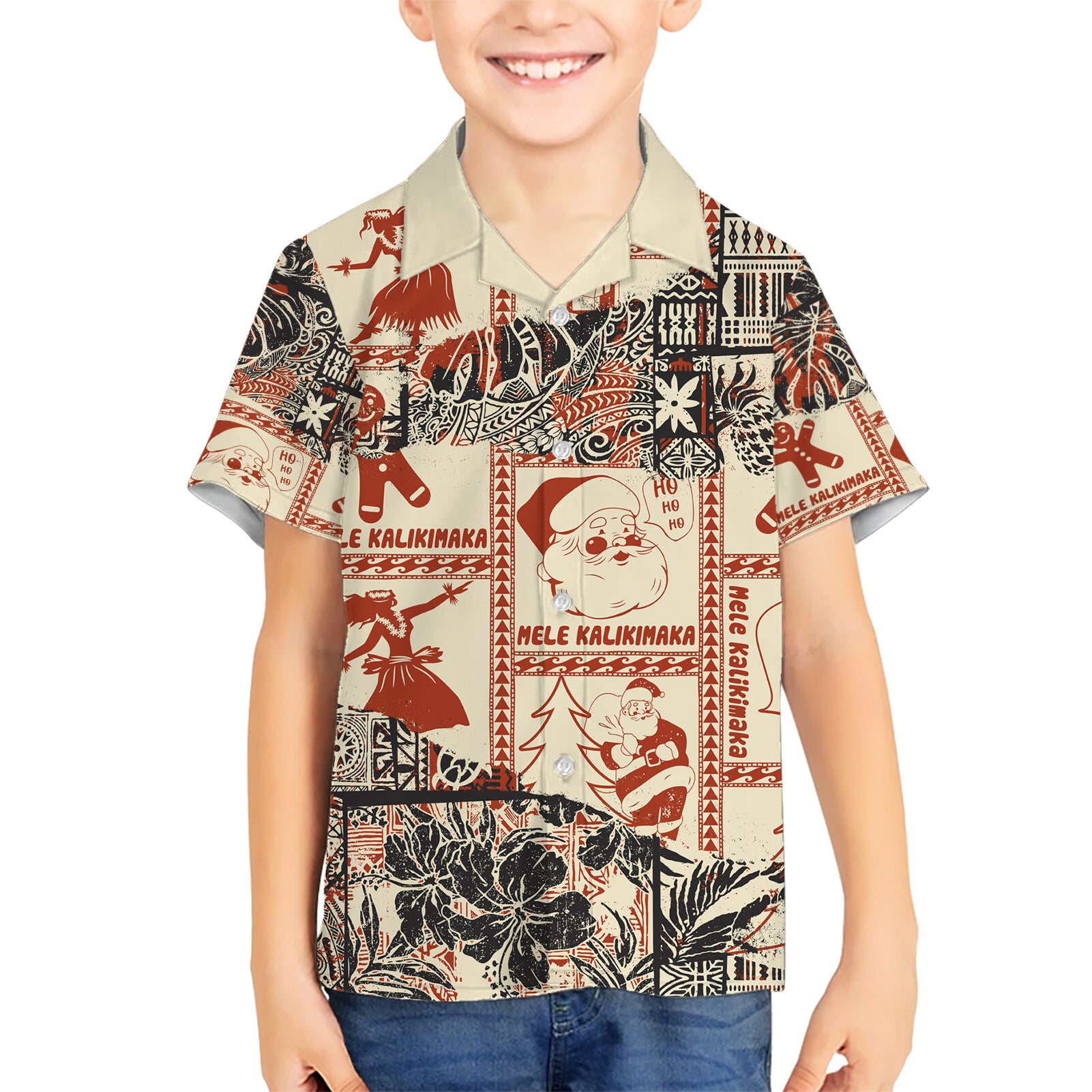 Aloha Hawaii Christmas Kid Hawaiian Shirt Mele Kalikimaka Tapa Tribal Retro Style - Wonder Print Shop