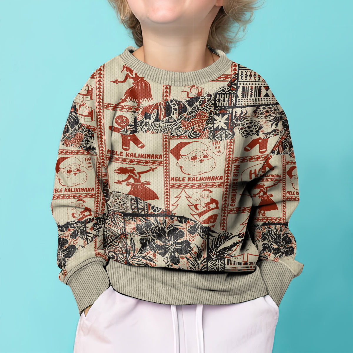 Aloha Hawaii Christmas Kid Ugly Christmas Sweater Mele Kalikimaka Tapa Tribal Retro Style - Wonder Print Shop