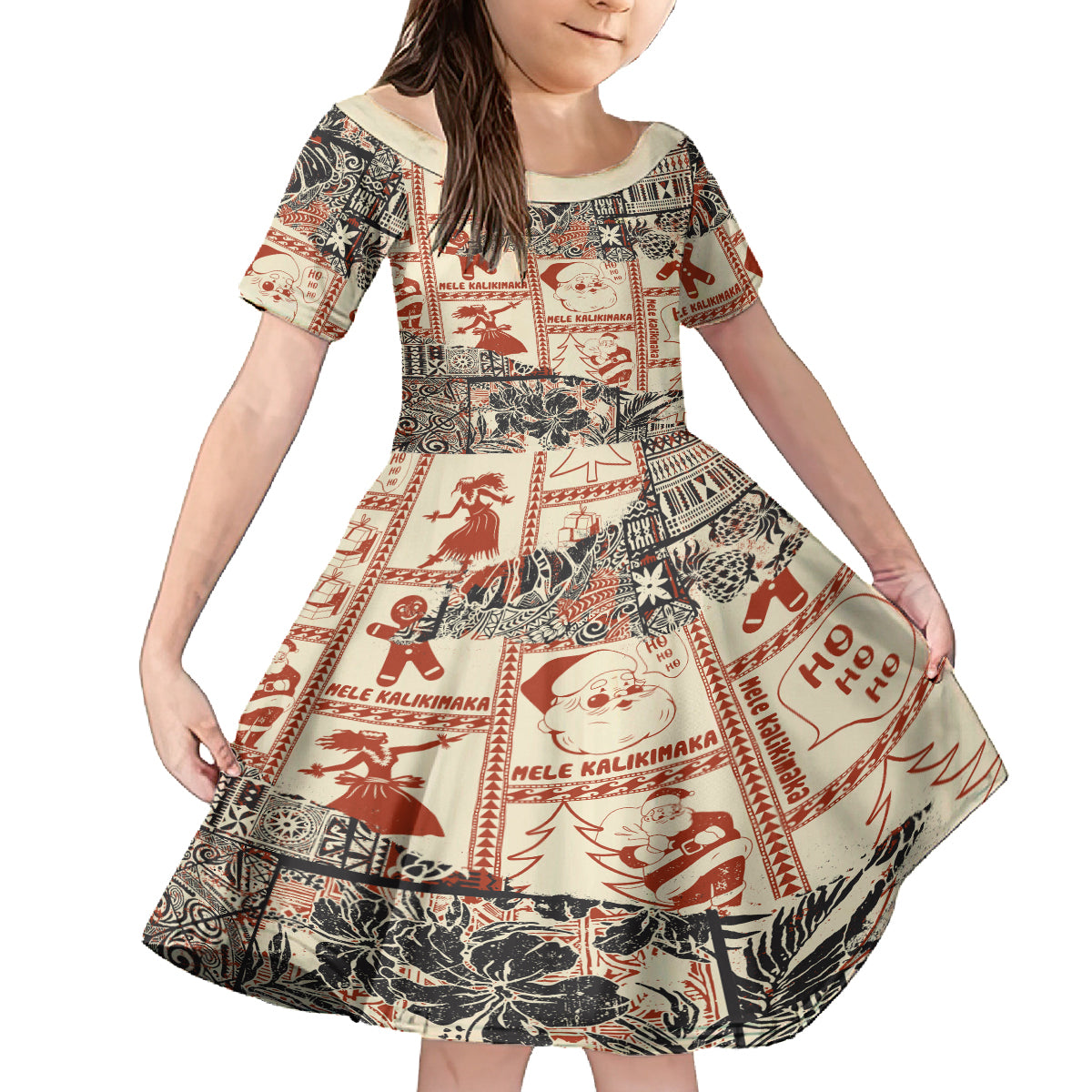 Aloha Hawaii Christmas Kid Short Sleeve Dress Mele Kalikimaka Tapa Tribal Retro Style - Wonder Print Shop