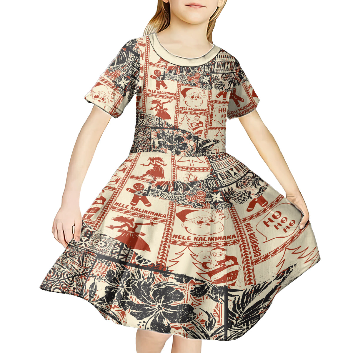 Aloha Hawaii Christmas Kid Short Sleeve Dress Mele Kalikimaka Tapa Tribal Retro Style - Wonder Print Shop