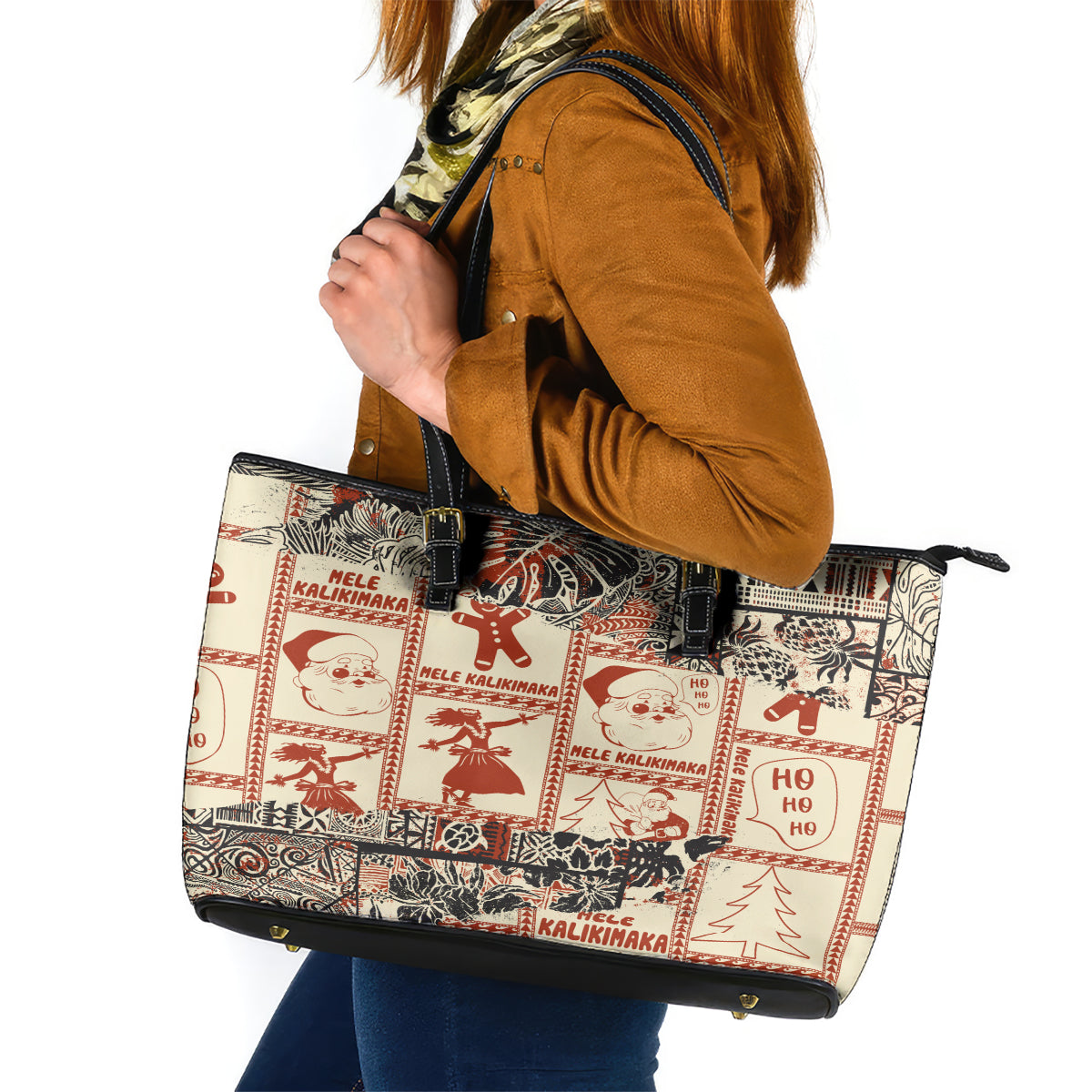 Aloha Hawaii Christmas Leather Tote Bag Mele Kalikimaka Tapa Tribal Retro Style - Wonder Print Shop