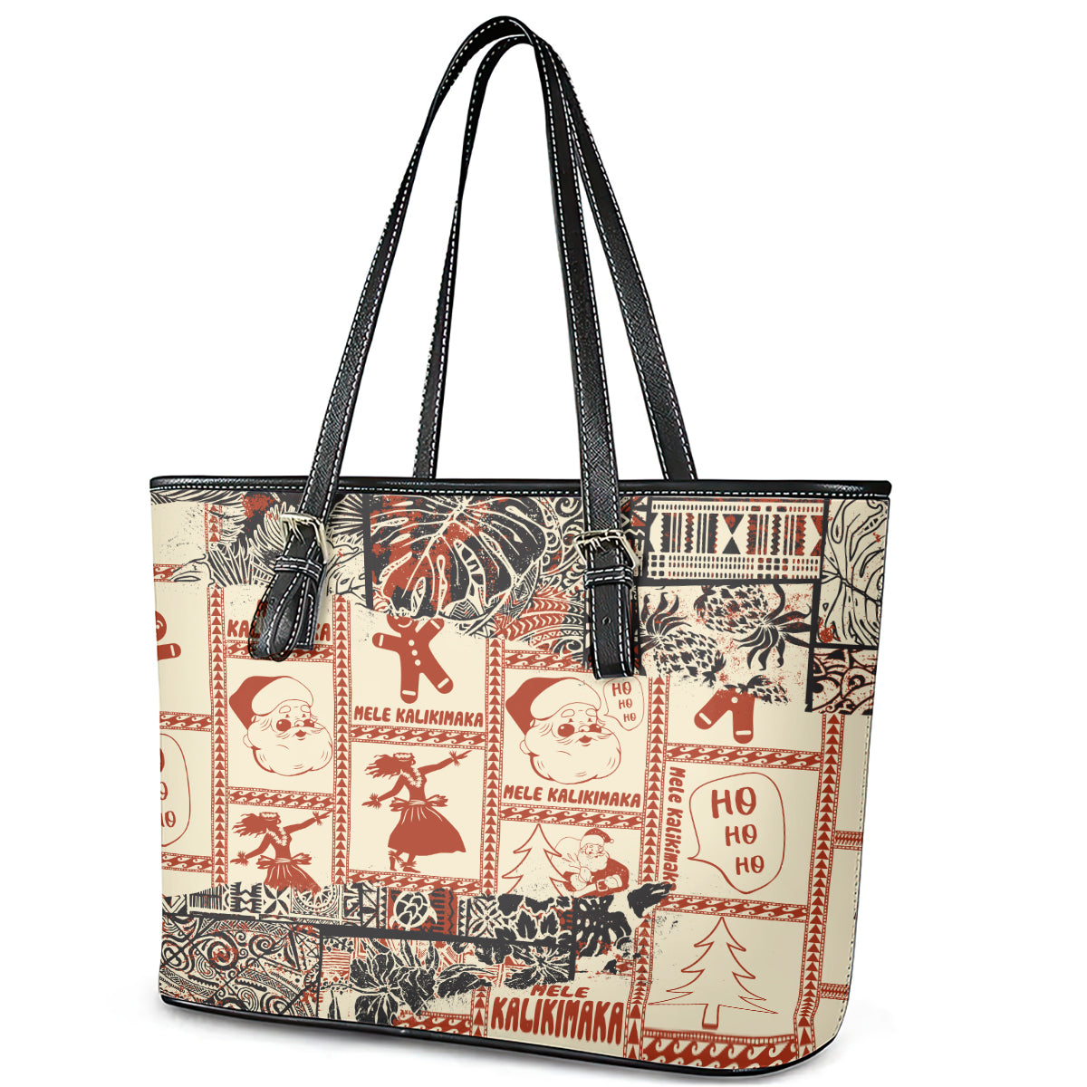 Aloha Hawaii Christmas Leather Tote Bag Mele Kalikimaka Tapa Tribal Retro Style - Wonder Print Shop
