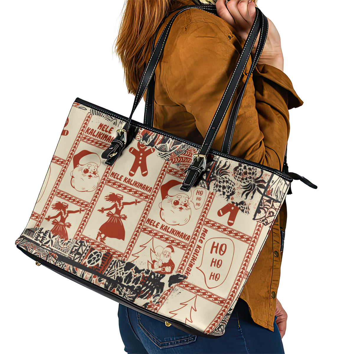 Aloha Hawaii Christmas Leather Tote Bag Mele Kalikimaka Tapa Tribal Retro Style - Wonder Print Shop