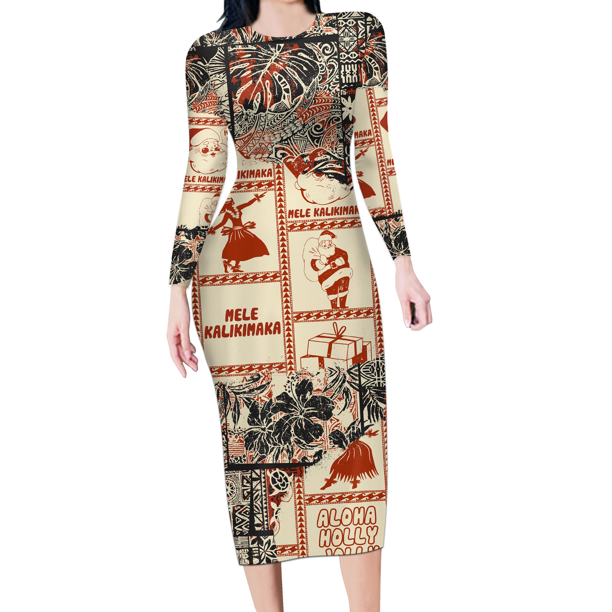 Aloha Hawaii Christmas Long Sleeve Bodycon Dress Mele Kalikimaka Tapa Tribal Retro Style - Wonder Print Shop