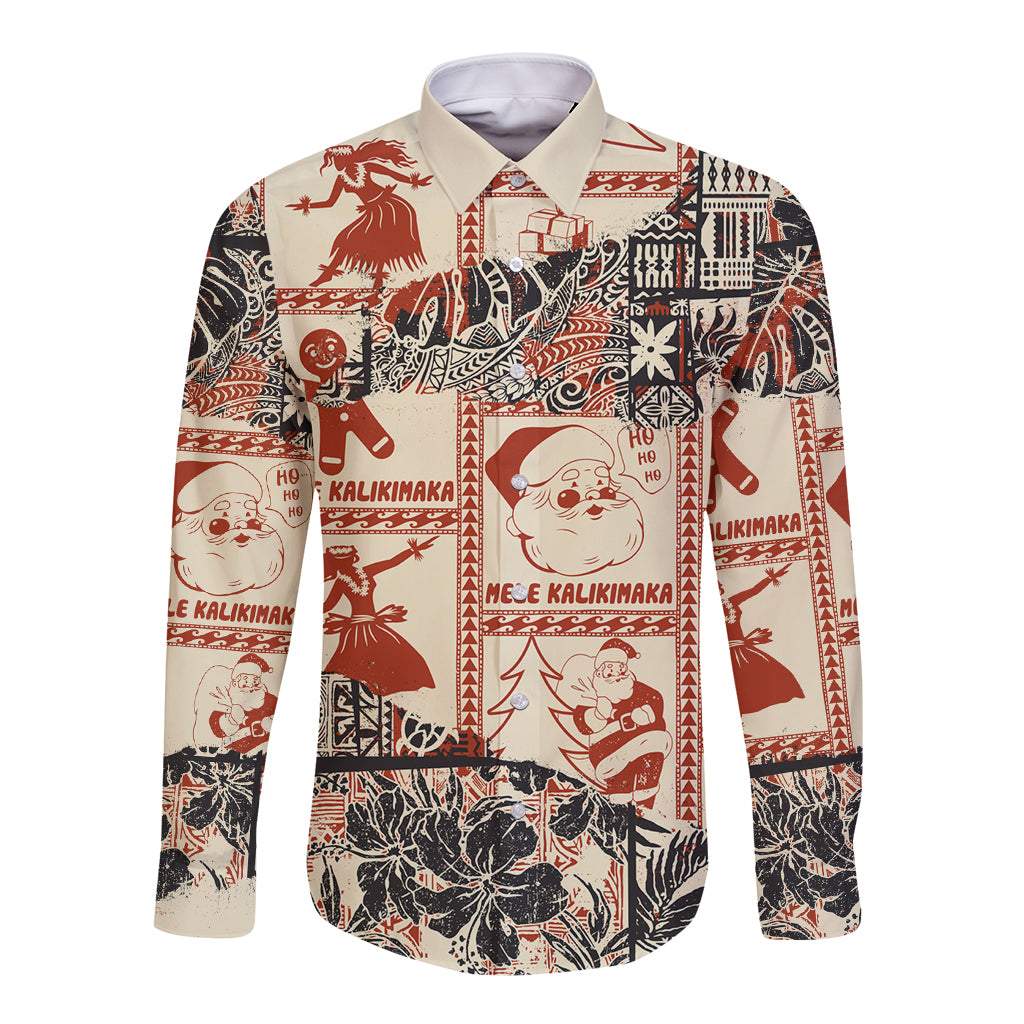 Aloha Hawaii Christmas Long Sleeve Button Shirt Mele Kalikimaka Tapa Tribal Retro Style - Wonder Print Shop