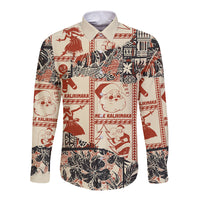 Aloha Hawaii Christmas Long Sleeve Button Shirt Mele Kalikimaka Tapa Tribal Retro Style - Wonder Print Shop