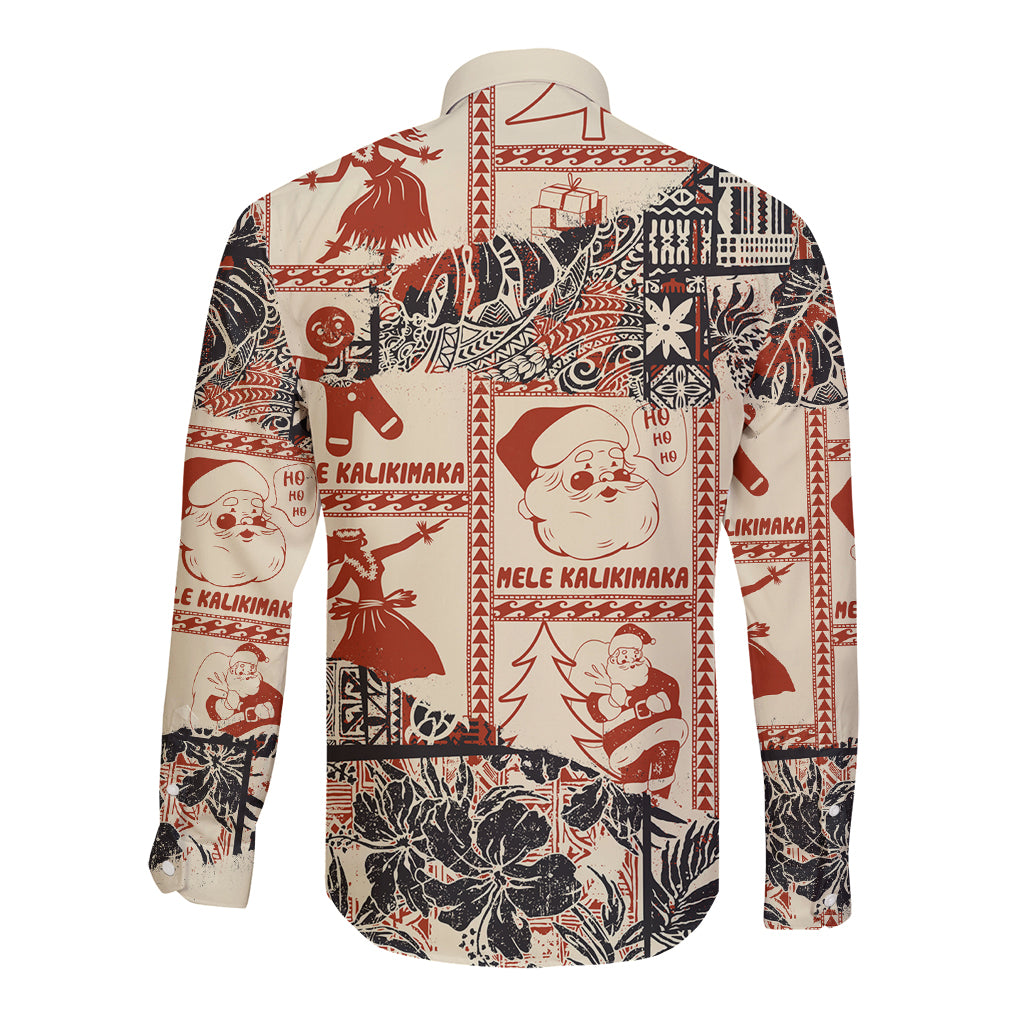 Aloha Hawaii Christmas Long Sleeve Button Shirt Mele Kalikimaka Tapa Tribal Retro Style - Wonder Print Shop