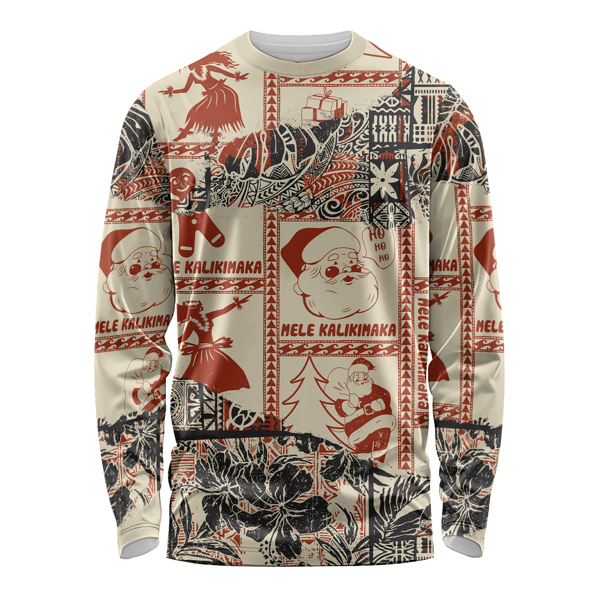 Aloha Hawaii Christmas Long Sleeve Shirt Mele Kalikimaka Tapa Tribal Retro Style - Wonder Print Shop