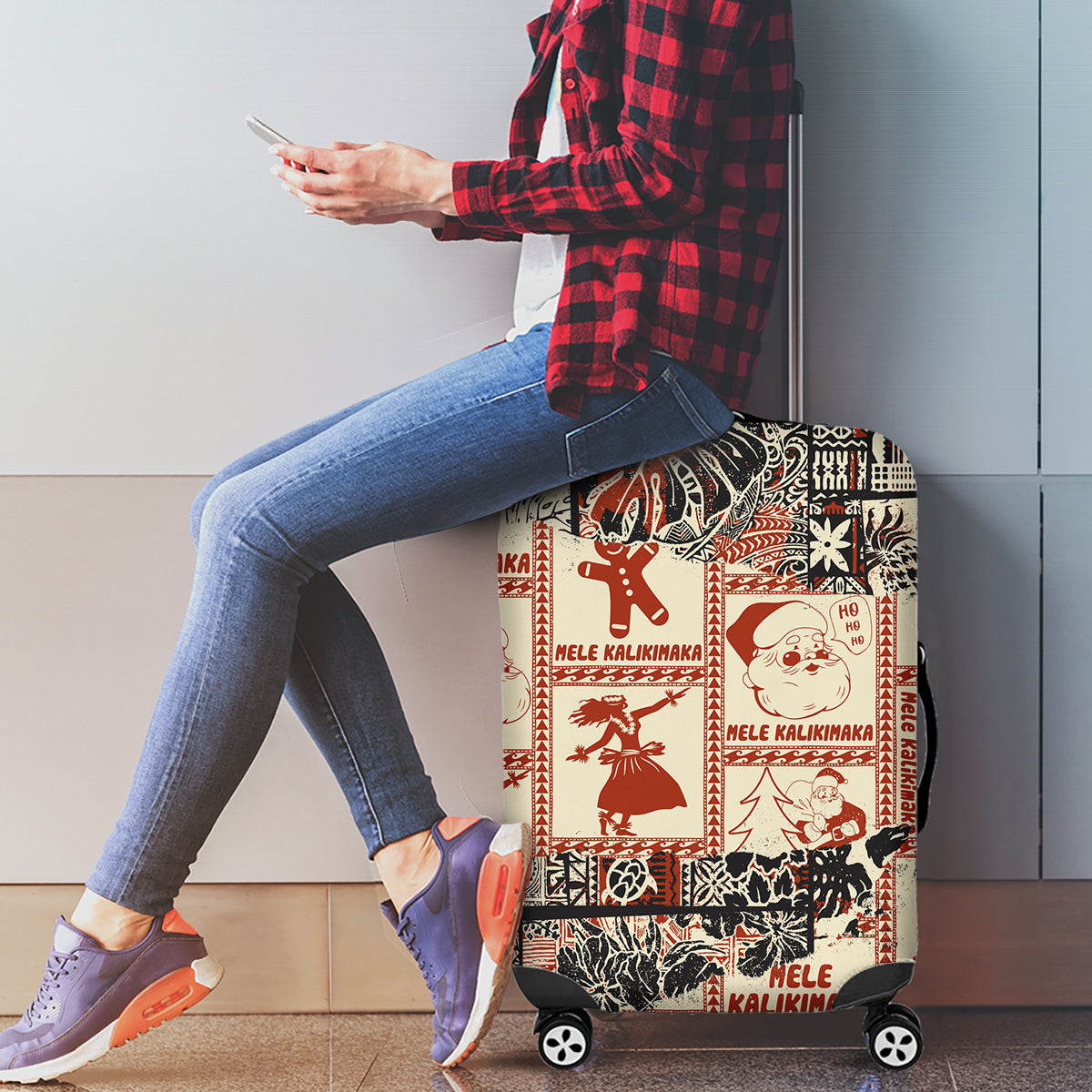 Aloha Hawaii Christmas Luggage Cover Mele Kalikimaka Tapa Tribal Retro Style - Wonder Print Shop