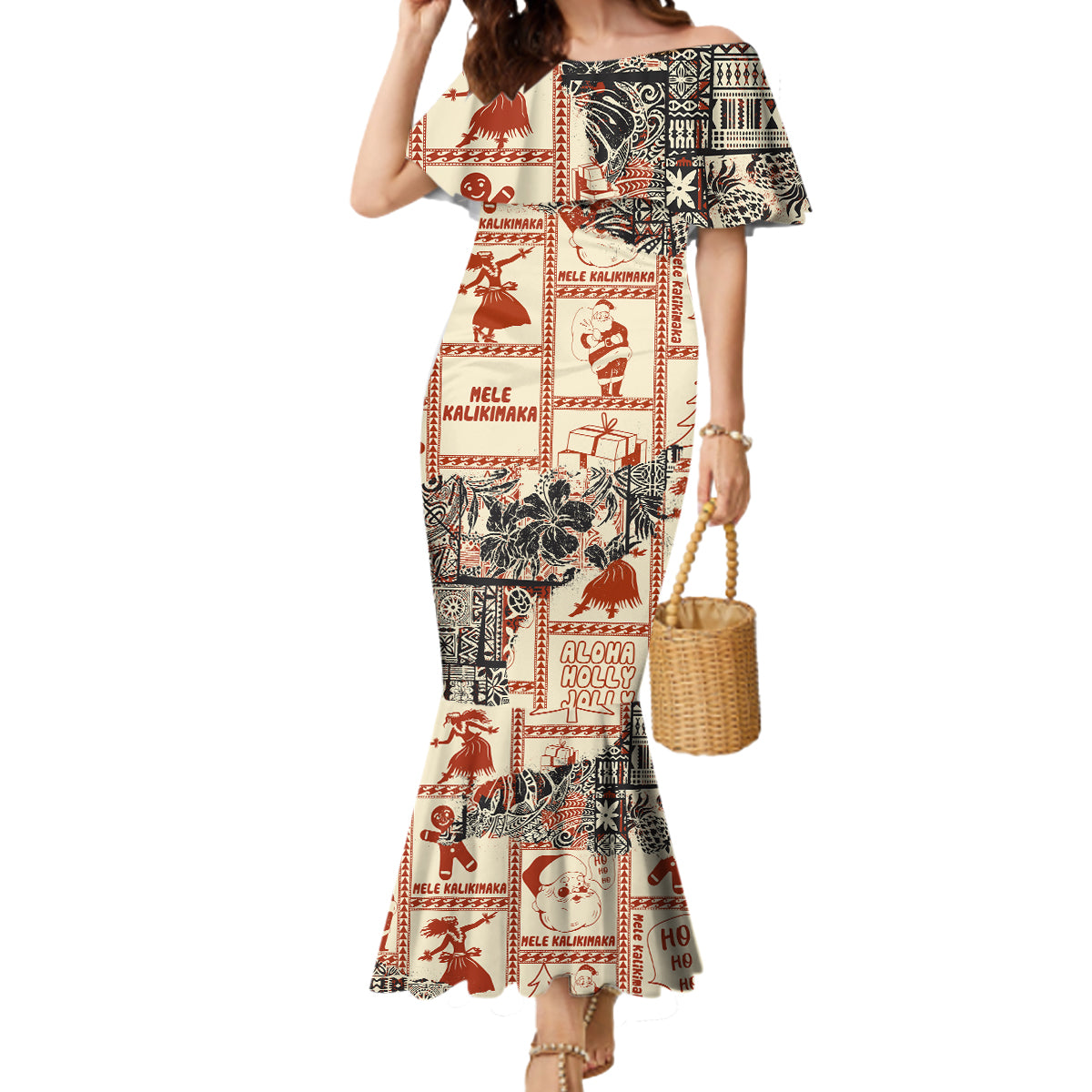 Aloha Hawaii Christmas Mermaid Dress Mele Kalikimaka Tapa Tribal Retro Style - Wonder Print Shop