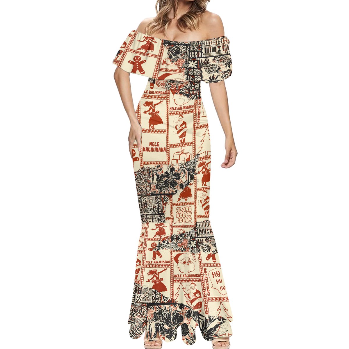 Aloha Hawaii Christmas Mermaid Dress Mele Kalikimaka Tapa Tribal Retro Style - Wonder Print Shop