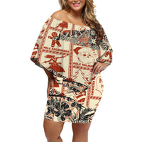 Aloha Hawaii Christmas Off Shoulder Short Dress Mele Kalikimaka Tapa Tribal Retro Style - Wonder Print Shop