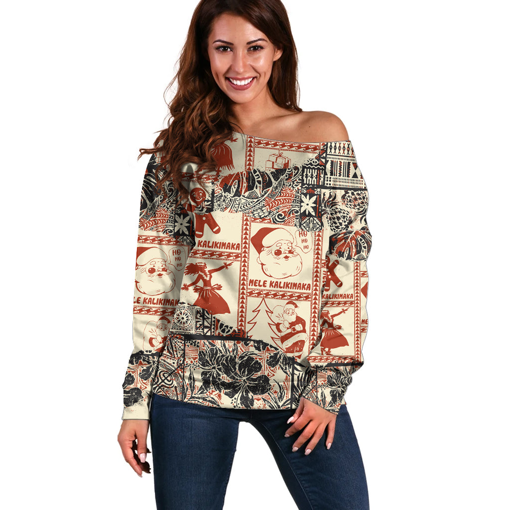 Aloha Hawaii Christmas Off Shoulder Sweater Mele Kalikimaka Tapa Tribal Retro Style - Wonder Print Shop