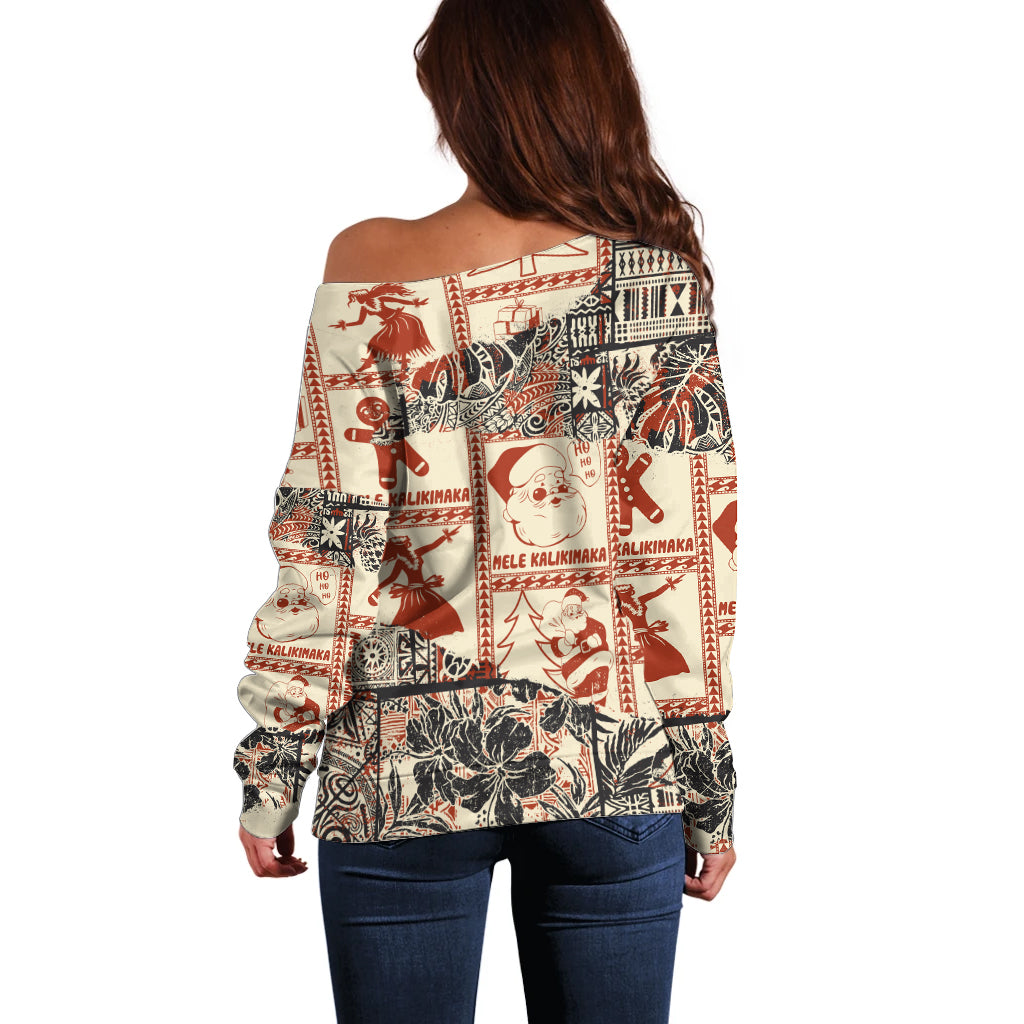 Aloha Hawaii Christmas Off Shoulder Sweater Mele Kalikimaka Tapa Tribal Retro Style - Wonder Print Shop