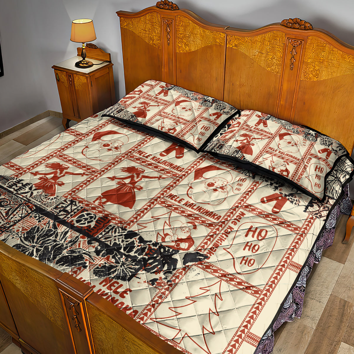 Aloha Hawaii Christmas Quilt Bed Set Mele Kalikimaka Tapa Tribal Retro Style - Wonder Print Shop