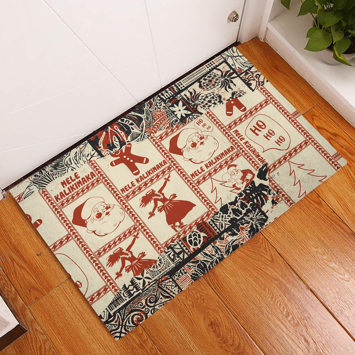 Aloha Hawaii Christmas Rubber Doormat Mele Kalikimaka Tapa Tribal Retro Style - Wonder Print Shop