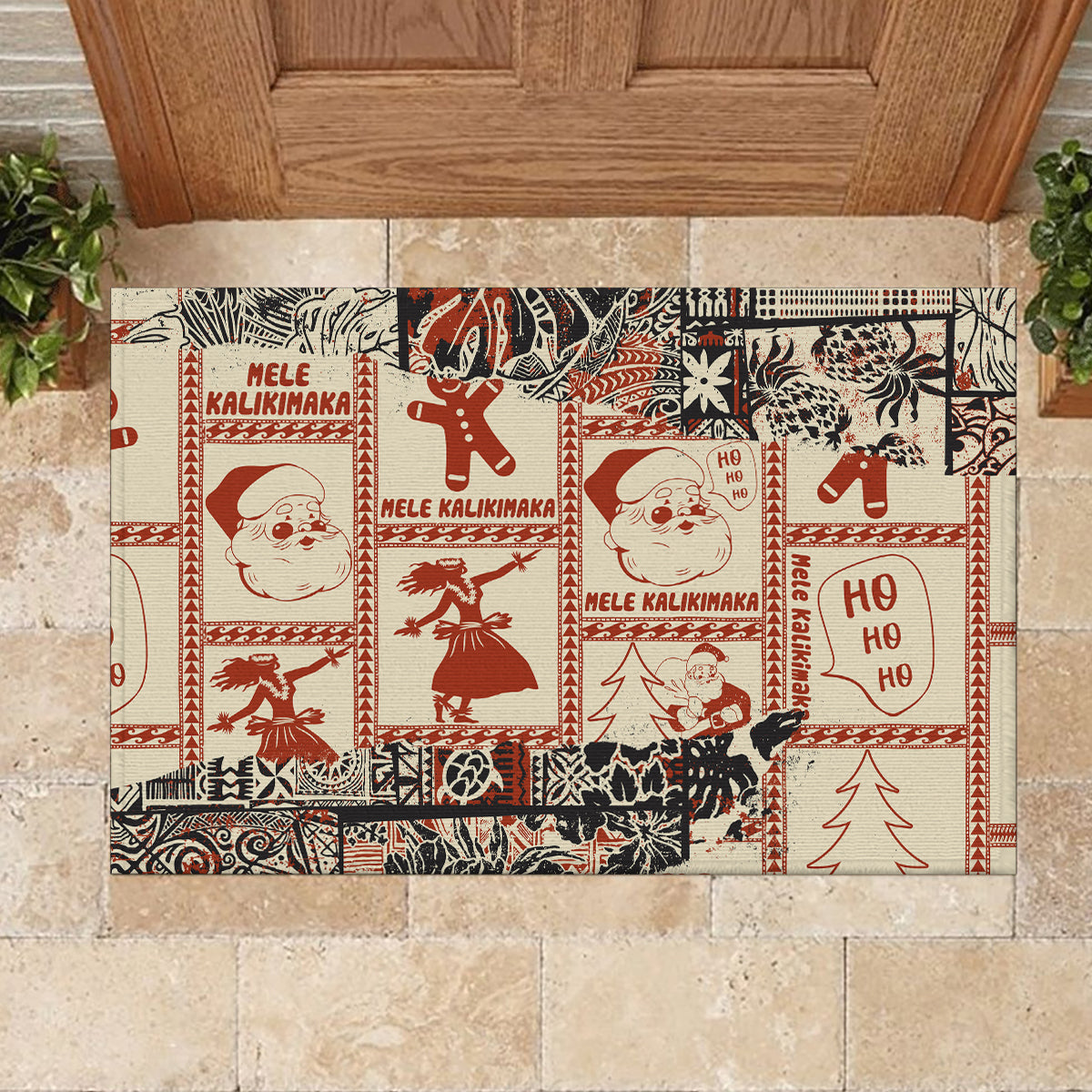 Aloha Hawaii Christmas Rubber Doormat Mele Kalikimaka Tapa Tribal Retro Style - Wonder Print Shop