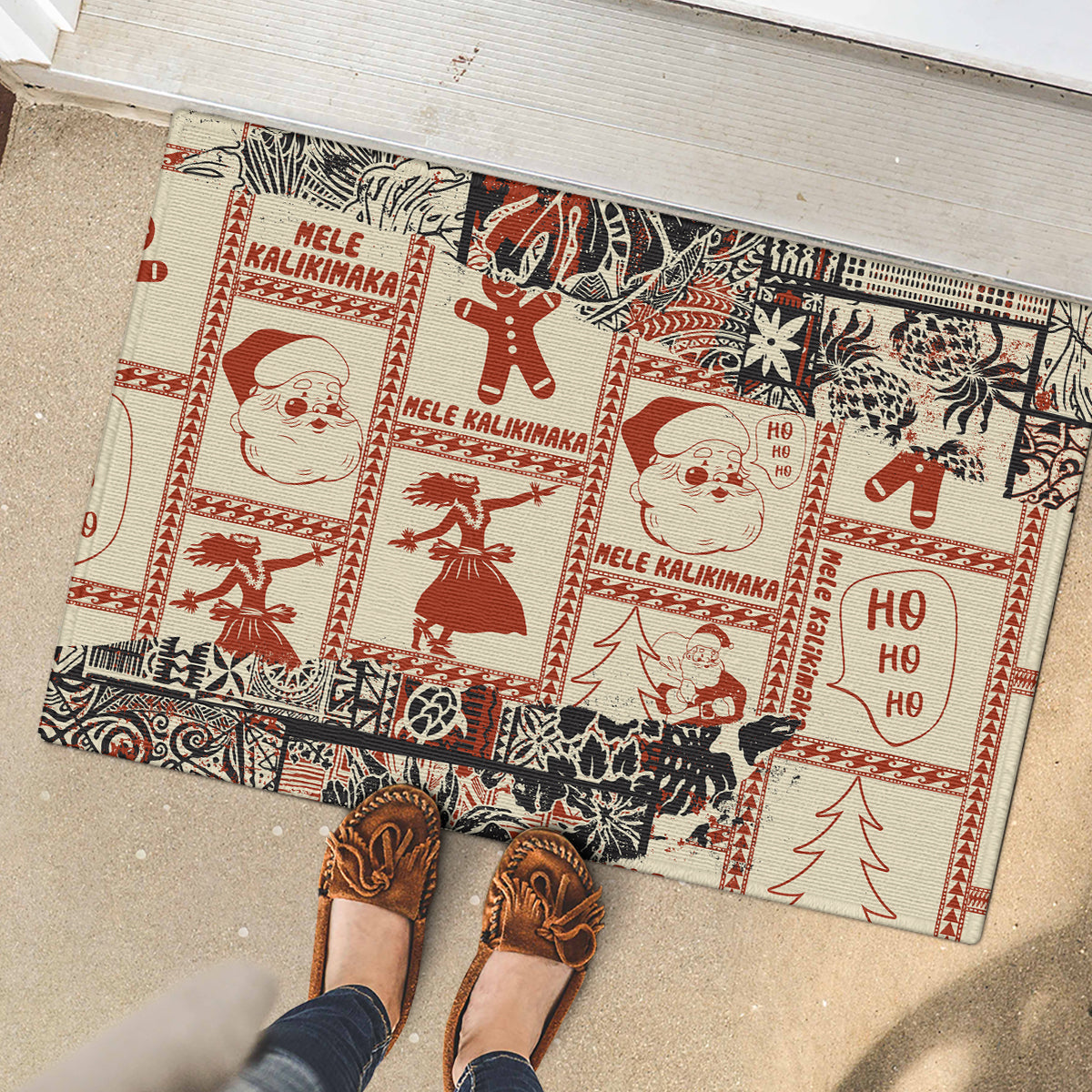 Aloha Hawaii Christmas Rubber Doormat Mele Kalikimaka Tapa Tribal Retro Style - Wonder Print Shop