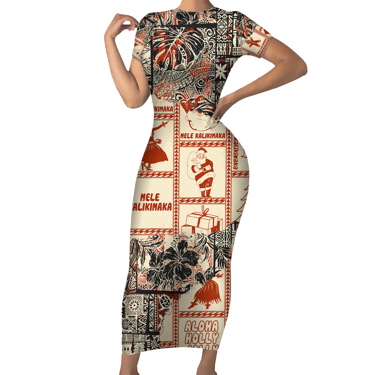 Aloha Hawaii Christmas Short Sleeve Bodycon Dress Mele Kalikimaka Tapa Tribal Retro Style - Wonder Print Shop
