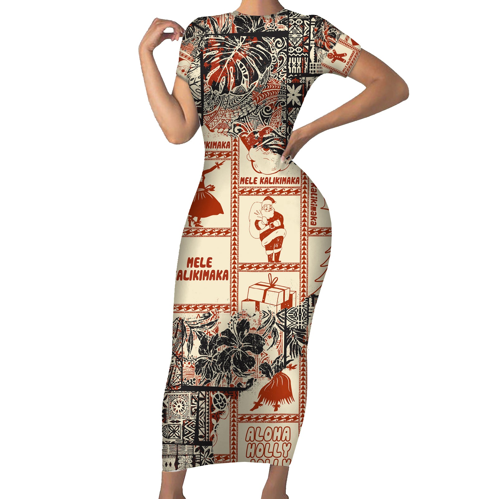 Aloha Hawaii Christmas Short Sleeve Bodycon Dress Mele Kalikimaka Tapa Tribal Retro Style - Wonder Print Shop