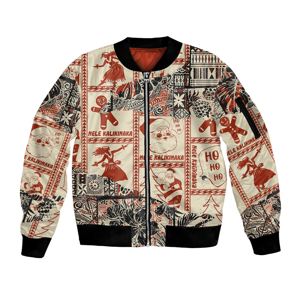 Aloha Hawaii Christmas Sleeve Zip Bomber Jacket Mele Kalikimaka Tapa Tribal Retro Style - Wonder Print Shop