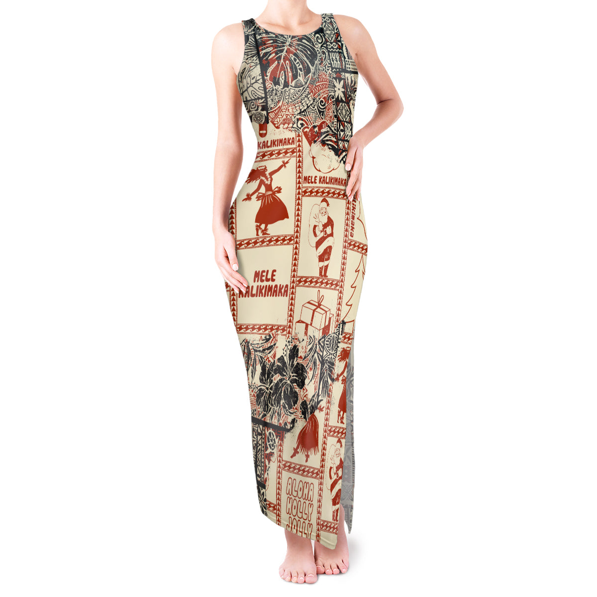 Aloha Hawaii Christmas Tank Maxi Dress Mele Kalikimaka Tapa Tribal Retro Style - Wonder Print Shop