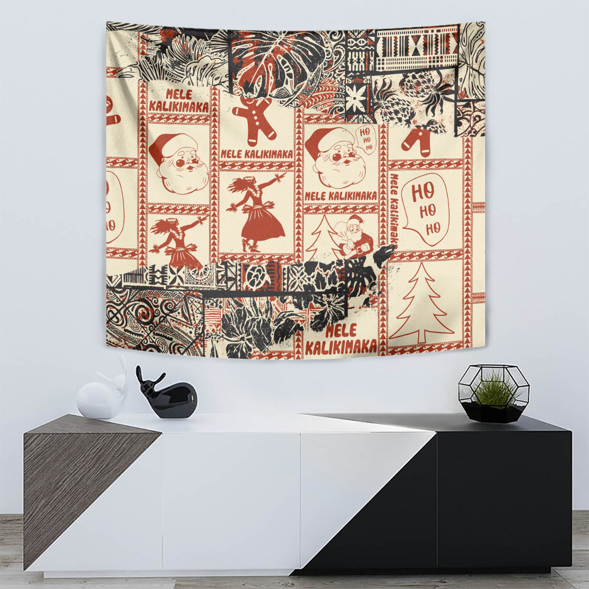 Aloha Hawaii Christmas Tapestry Mele Kalikimaka Tapa Tribal Retro Style - Wonder Print Shop