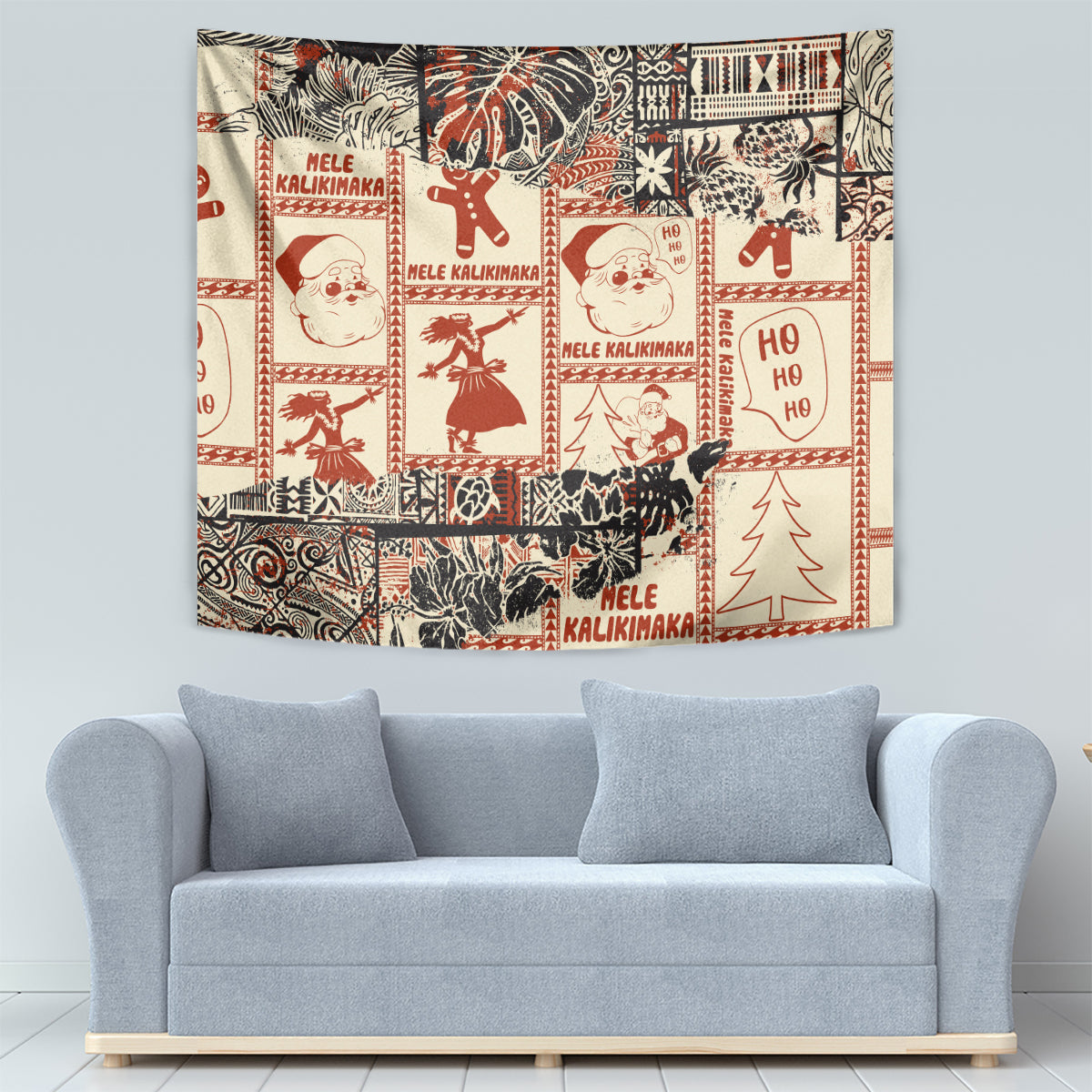 Aloha Hawaii Christmas Tapestry Mele Kalikimaka Tapa Tribal Retro Style - Wonder Print Shop