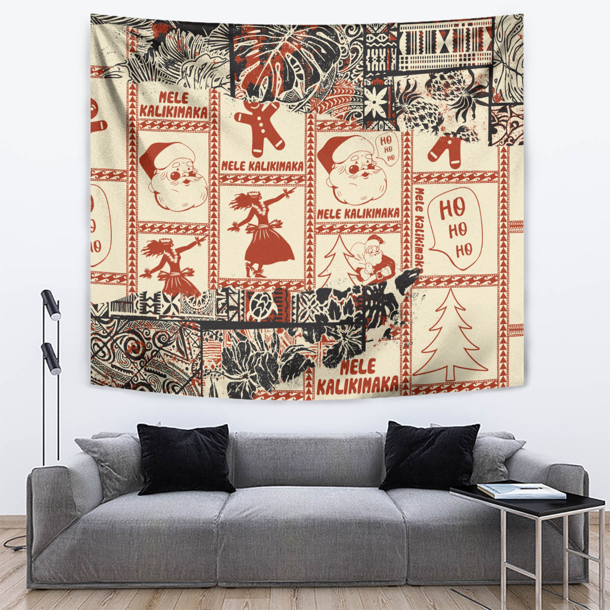 Aloha Hawaii Christmas Tapestry Mele Kalikimaka Tapa Tribal Retro Style - Wonder Print Shop
