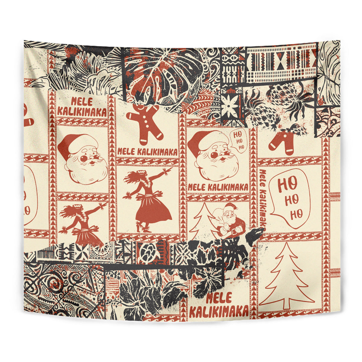 Aloha Hawaii Christmas Tapestry Mele Kalikimaka Tapa Tribal Retro Style - Wonder Print Shop