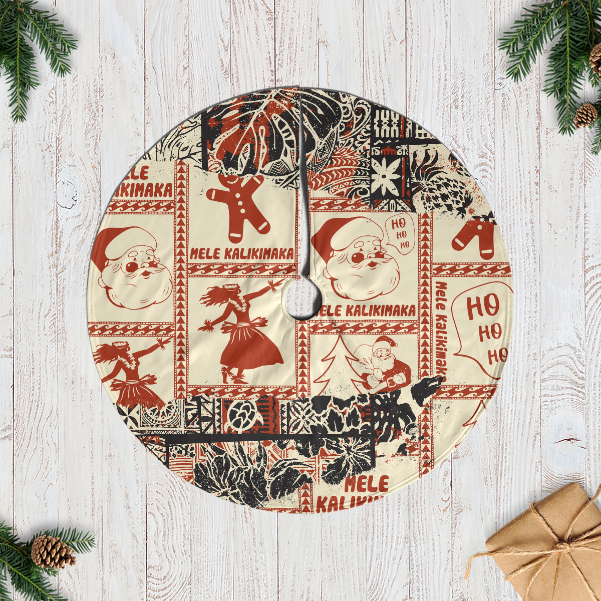Aloha Hawaii Christmas Tree Skirt Mele Kalikimaka Tapa Tribal Retro Style - Wonder Print Shop