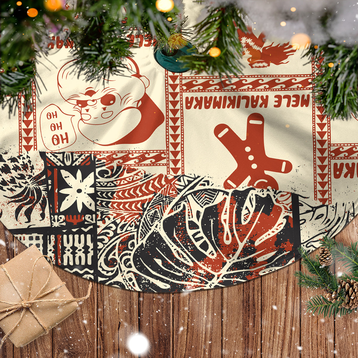 Aloha Hawaii Christmas Tree Skirt Mele Kalikimaka Tapa Tribal Retro Style - Wonder Print Shop