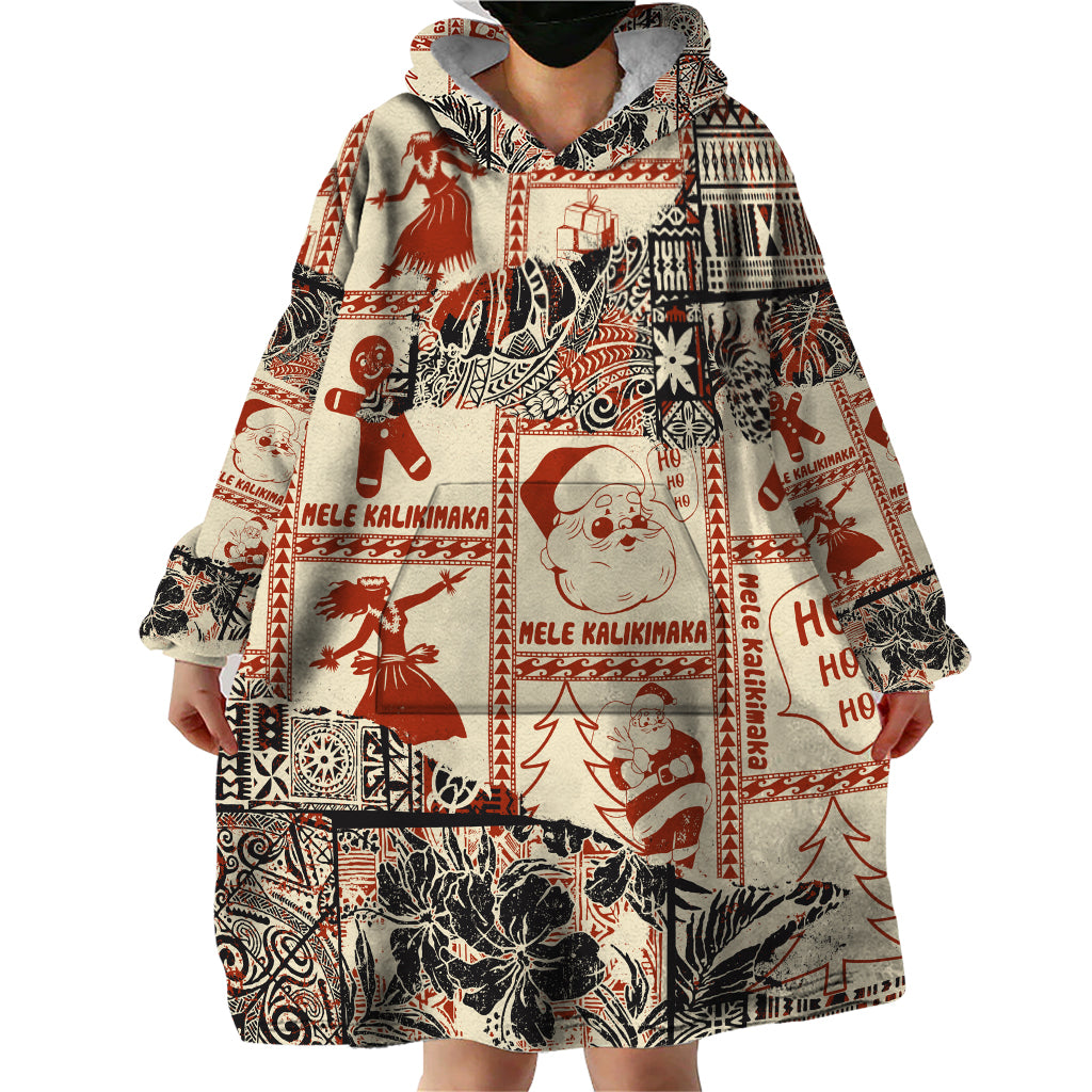 Aloha Hawaii Christmas Wearable Blanket Hoodie Mele Kalikimaka Tapa Tribal Retro Style - Wonder Print Shop